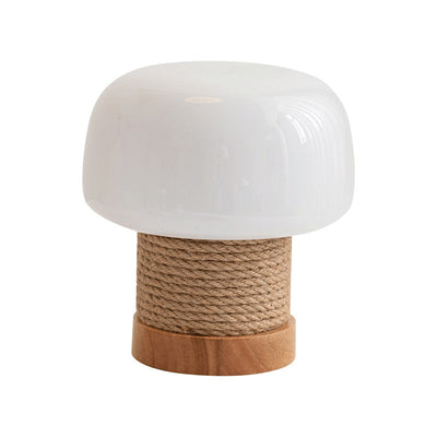 Lámpara de mesa de 1 luz de vidrio con forma de cilindro minimalista moderno de roble y cuerda para dormitorio 