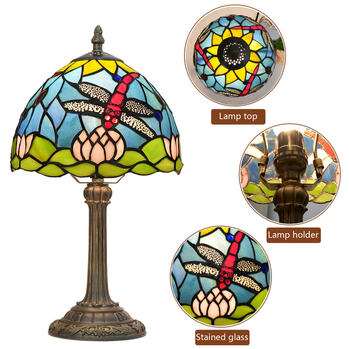 Lampe de table à 1 lumière en résine de verre Tiffany traditionnelle avec dôme et libellule lotus pour étude 