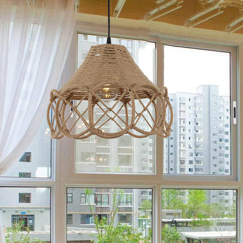 Japanese Retro Hemp Rope Weaving Flower Basket Iron 1-Light Pendant Light