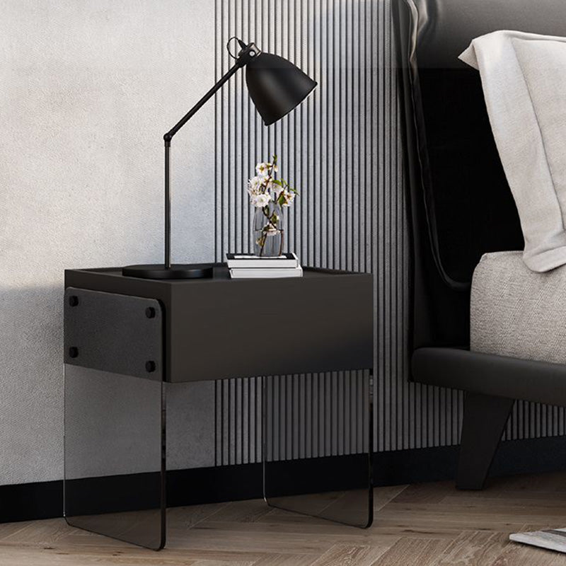 Table de nuit rectangulaire minimaliste moderne en bois avec plateau en verre et 1 tiroir pour chambre 
