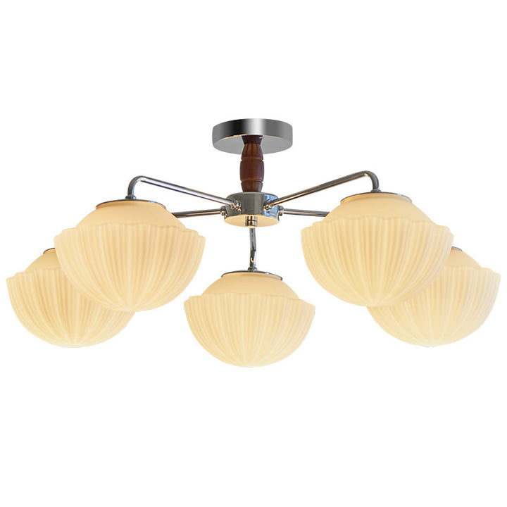 Traditionelle französische Schüssel geripptes Eisen Holz Glas 3/5/8 Licht Halbbündige Deckenleuchte für Wohnzimmer 