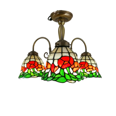 Traditional Tiffany European Rose Stained Glass Bell 3-Light Chandelier For Bedroom