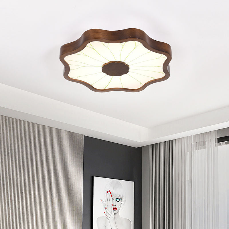 Traditionelle chinesische Lotusblatt-Deckenleuchte aus Holz, Eisen, Acryl, LED-Unterputz-Deckenleuchte für Wohnzimmer 