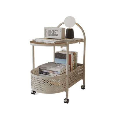 Table d'appoint roulante contemporaine en verre rond avec panier de rangement en fer à 2 niveaux pour salon 