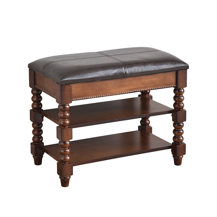 Taburete de tocador sin respaldo ni brazos, de madera de caucho y cuero PU, rectangular, estilo tradicional europeo, para sala de estar 