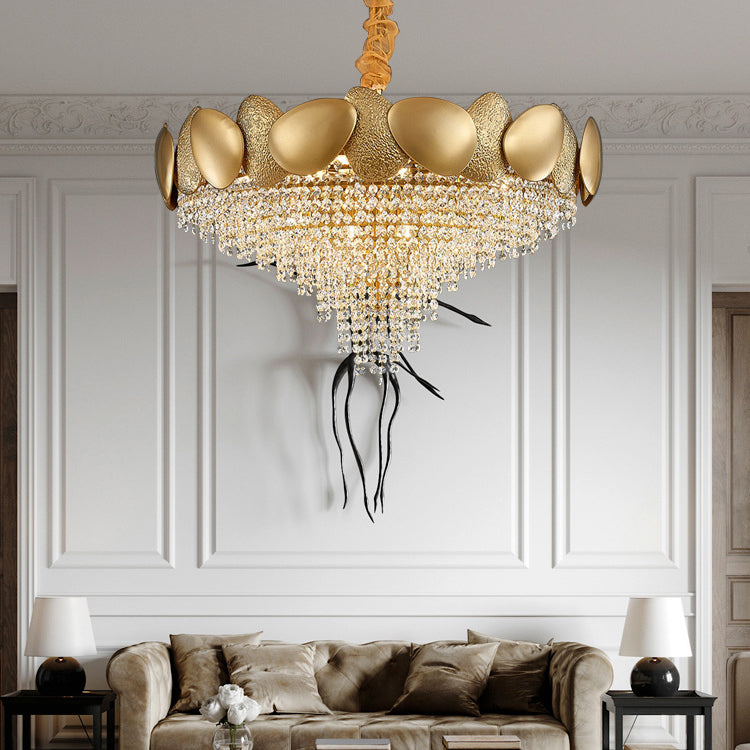 Lustre moderne de luxe en acier inoxydable avec cadre en titane et perles de cristal à 11/15 lumières pour salon 
