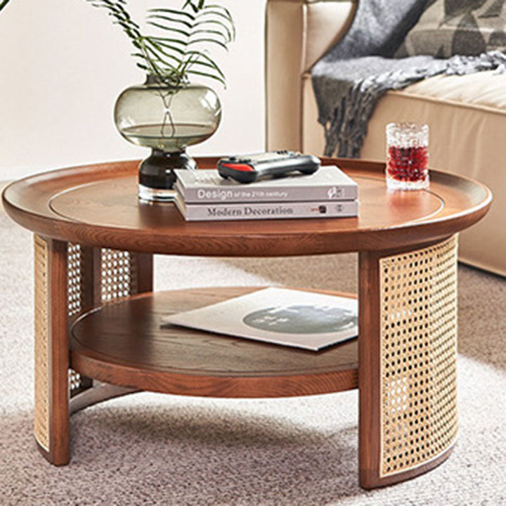 Traditioneller runder Couchtisch im japanischen Stil aus Eschenholz, Rattan und Sperrholz mit 2 Ebenen für das Wohnzimmer 