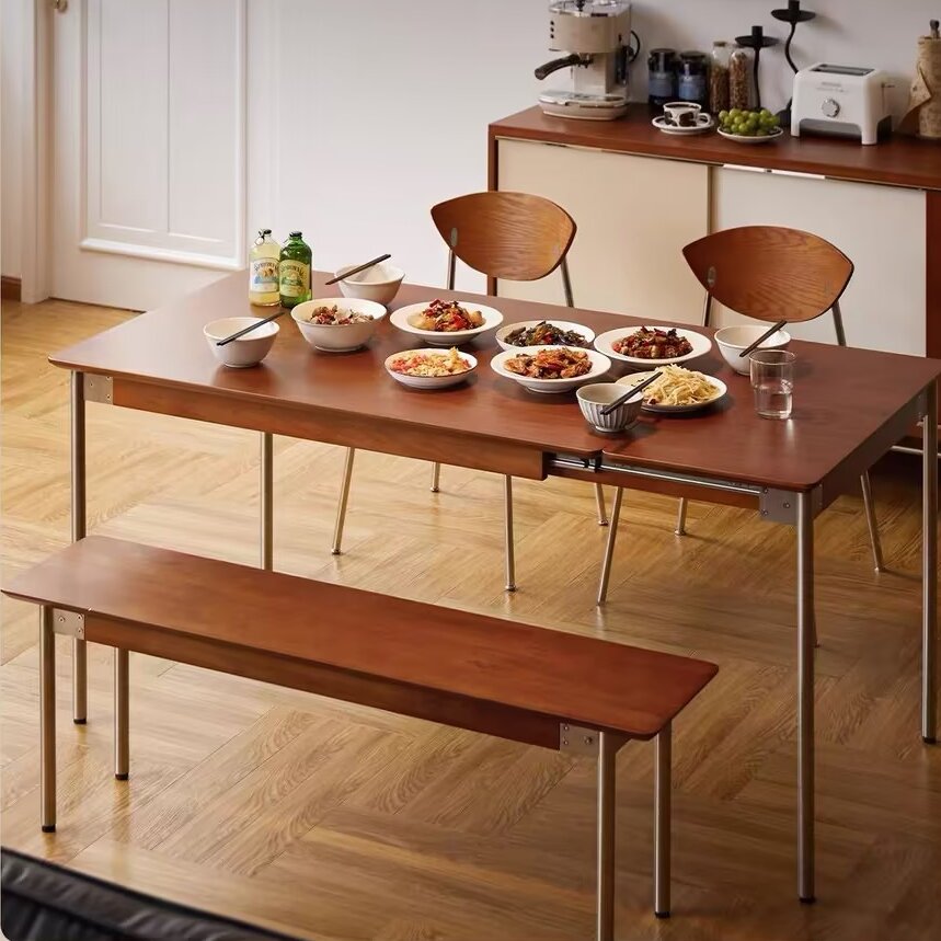 Moderne minimalistische Bank aus Kiefernholz und Edelstahl ohne Rückenlehne für das Esszimmer 