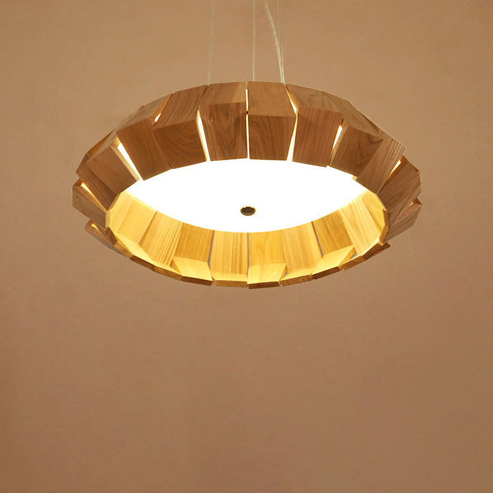 Zeitgenössische skandinavische Runde fliegende Untertasse Holz Glas LED Kronleuchter für Wohnzimmer 