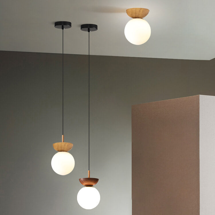 Nordische Japanische Glas Kugel Holzmaserung Eisen 1-Licht Deckenleuchte 