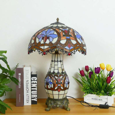 Traditional Tiffany Baroque Umbrella Resin Stained Glass 3-Light Table Lamp For Bedroom