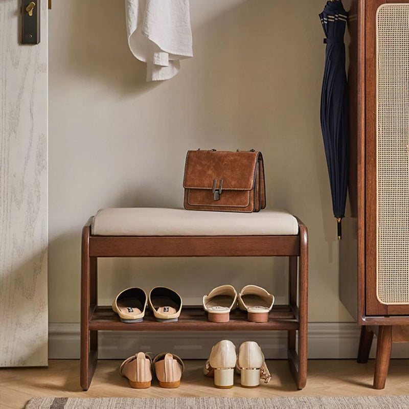 Modern Minimalist Rectangular Rubberwood Faux Leather Shoe Storage Benche For Entryways