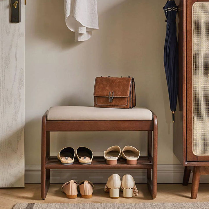 Modern Minimalist Rectangular Rubberwood Faux Leather Shoe Storage Benche For Entryways