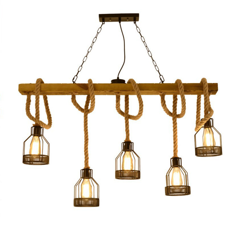 Chandelier de salle à manger à 5 lumières avec abat-jour en cage de fer et poutres en bois rustiques traditionnelles 