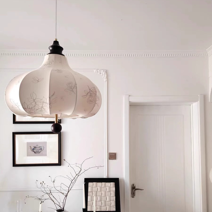 Suspension Luminaire Traditionnel Vintage en Forme de Châtaigne Ronde en Tissu Bois Massif 3/5 Lumières pour Salon 