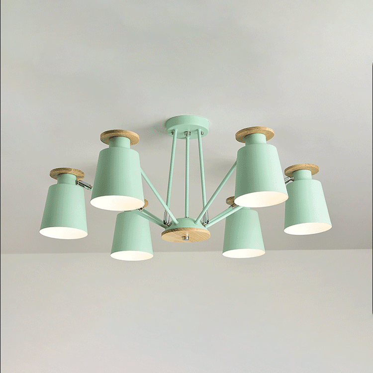 Lustre contemporain scandinave à branches cylindriques en bois et fer avec 6/8 lumières pour salon 