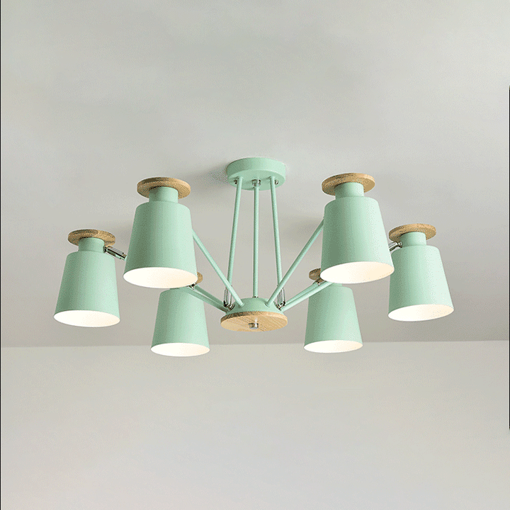 Lustre contemporain scandinave à branches cylindriques en bois et fer avec 6/8 lumières pour salon 