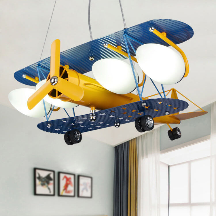 Contemporary Creative Cartoon Iron Aircraft Glass Shade 5-Light Kids Chandelier For Bedroom