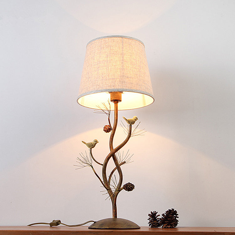 Modern Art Deco Fabric Shade Pinecone Bird Iron Base 1-Light Table Lamp For Bedroom