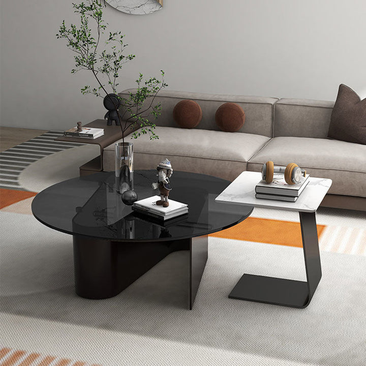 Moderner minimalistischer runder quadratischer Couchtisch aus Glas, Steinplatte und Karbonstahl mit 1 Ebene für das Wohnzimmer 