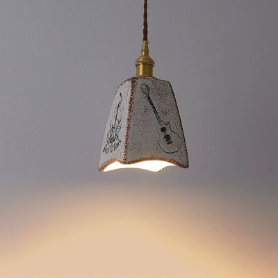 Vintage Japanese Square Cone Brass Ceramic 1-Light Pendant Light