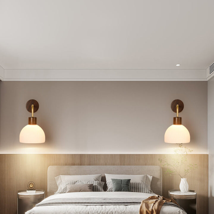 Traditional Japanese Solid Wood Glass Semicircle Shade 1-Light Wall Sconce Lamp For Bedroom