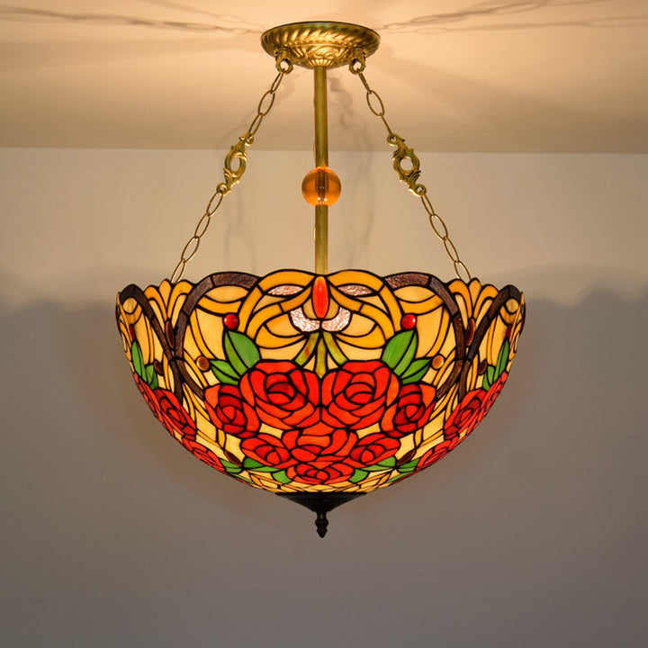 Traditioneller Tiffany-Buntglas-Rosenblumen-Eisen-3-Licht-Kronleuchter für das Wohnzimmer 