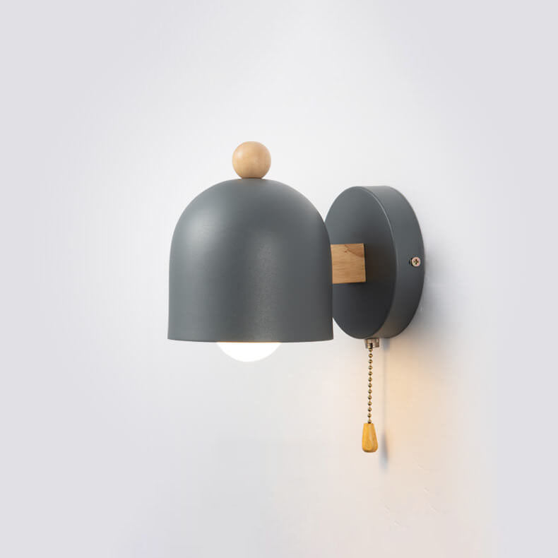 Contemporary Nordic Rubberwood Iron Dome Shade Log Pull Cord 1-Light Wall Sconce Lamp For Bedroom