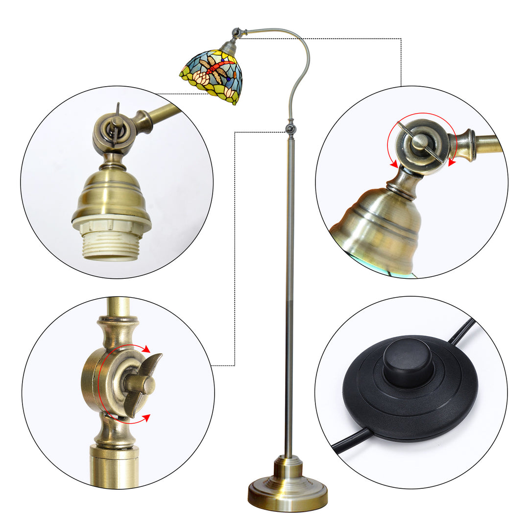 Lampe de sol traditionnelle Tiffany en dôme rond en verre fer avec libellule à 1 lumière pour chevet 