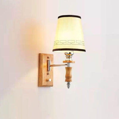 Chinese Retro Wood Element Fabric Barrel Shade 1-Light Wall Sconce Lamp