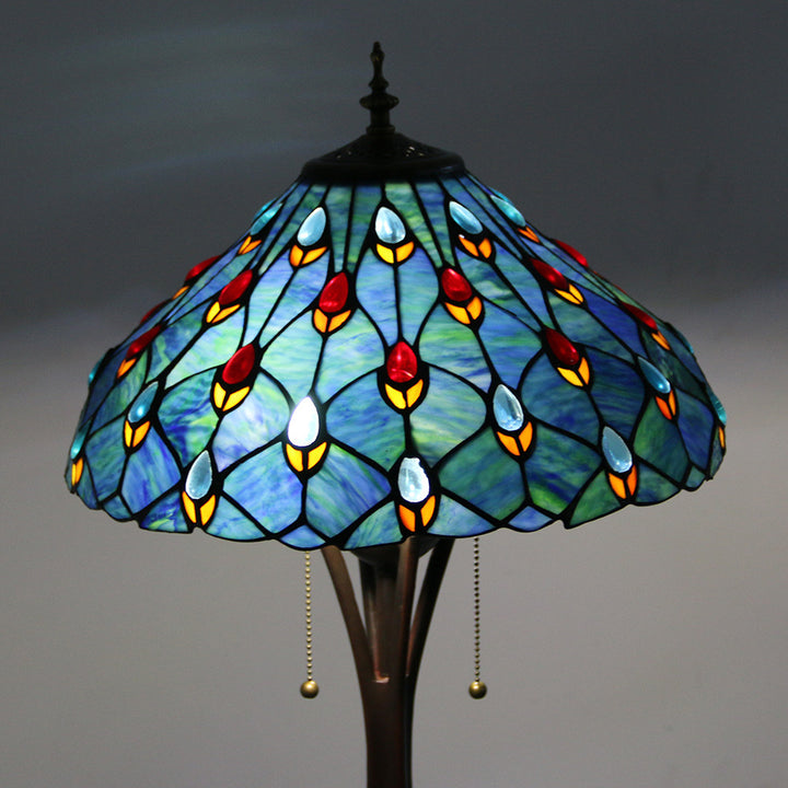 Lampe de sol traditionnelle Tiffany en résine avec dôme semi-circulaire en verre, motif de vache et fleur en diamant à 2 lumières pour salle à manger 