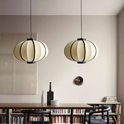 Traditional Chinese Fabric Lantern Iron Frame 1-Light Pendant Light For Living Room