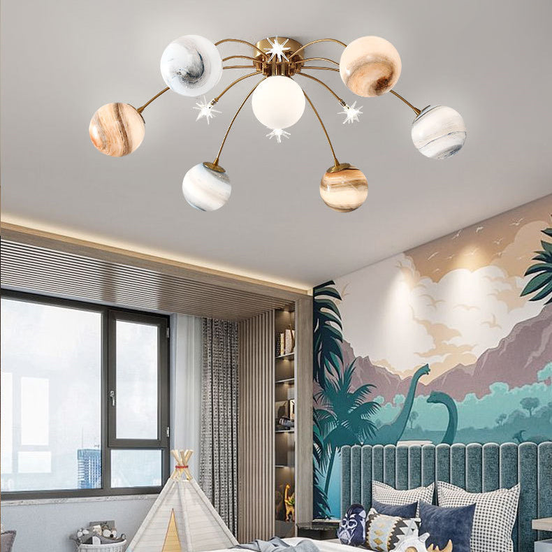 Plafonnier semi-encastré contemporain créatif ciel étoilé lune en verre de fer à 13 lumières pour chambre 