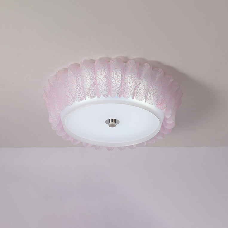 Plafonnier LED en fer acrylique rond plissé en dentelle nordique contemporain pour chambre à coucher 