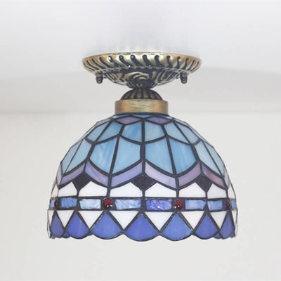 Tiffany Mediterranean Stained Glass Dome 1-Light Semi-Flush Mount Ceiling Light