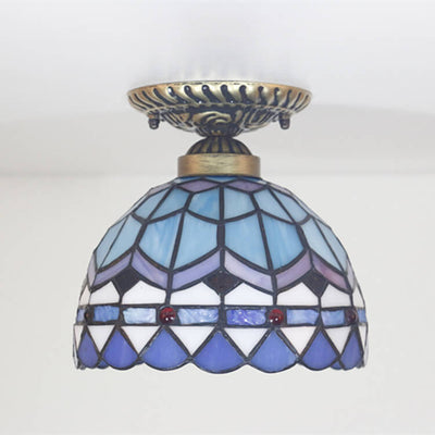 Tiffany Mediterranean Stained Glass Dome 1-Light Semi-Flush Mount Ceiling Light