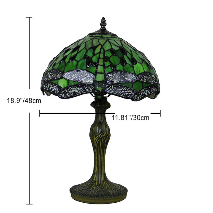 Lampe de table 1 lumière avec base en résine et vitrail Tiffany traditionnel libellule pour maison ou bureau 