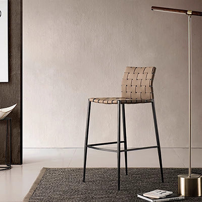 Contemporary Luxury Square Saddle-Style Faux Leather Metal Bar Stool Backrest Footrest For Dining Room