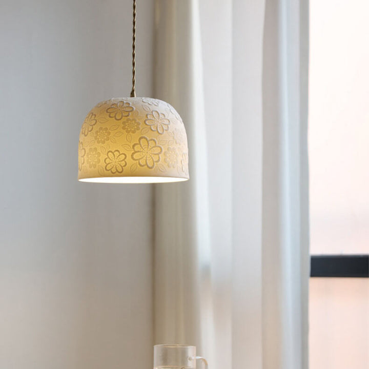Contemporary Nordic Flower Pattern Ceramic Iron Brass Round Drum 1-Light Pendant Light