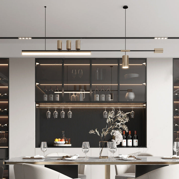 Lustre moderne minimaliste avec monogramme, cylindre long en acrylique et cuivre à 5 lumières pour salon 