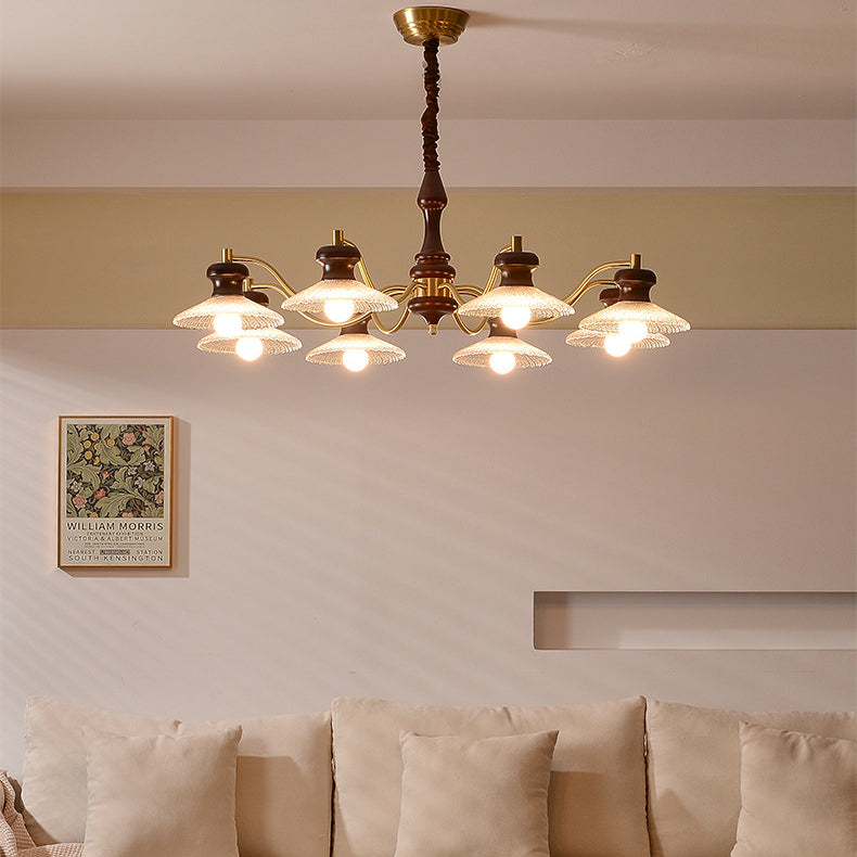 Lustres ronds en laiton vintage traditionnel, fer, bois de frêne, verre, à 3/6/8 lumières pour salle à manger 