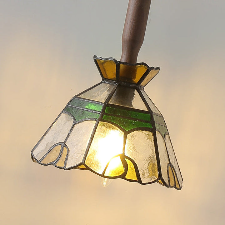 Traditionelle Vintage Blumenform Holz Glas 1-Licht Pendelleuchte für Wohnzimmer 