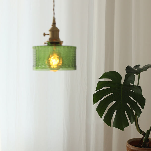Moderne nordische Pendelleuchte aus Messing, Eisen und klarem Glas in runder Trommelform, kupferfarben, 1-flammig, für Wohnzimmer &amp; Schlafzimmer 