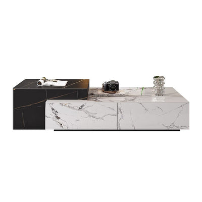 Mesa de café de madera rectangular cuadrada minimalista moderna con placa de piedra y 4 cajones para sala de estar 