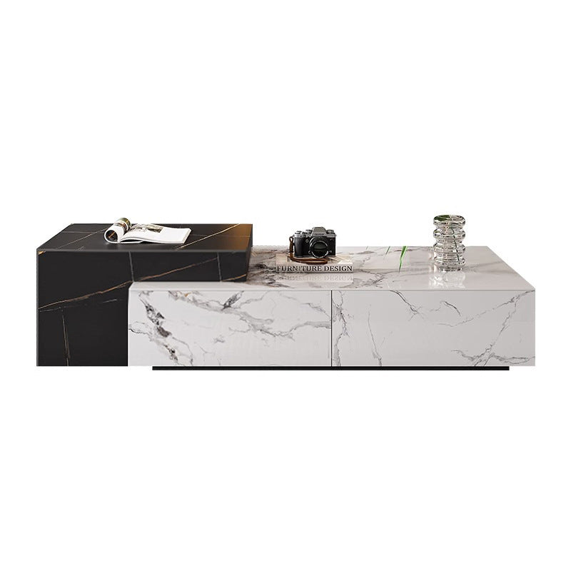 Mesa de café de madera rectangular cuadrada minimalista moderna con placa de piedra y 4 cajones para sala de estar 