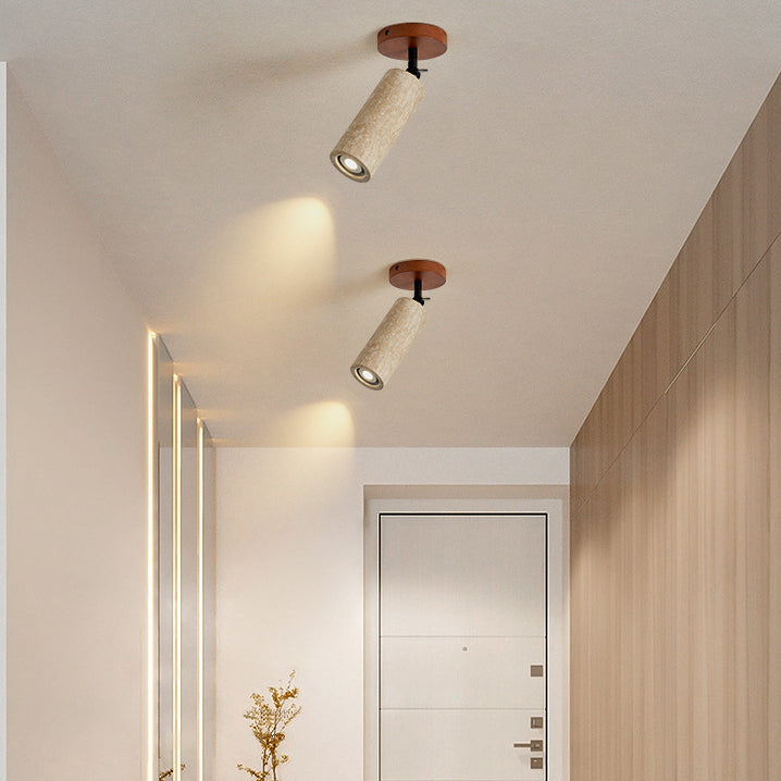 Traditional Japanese Yellow Travertine Walnut Cylindrical Spotlight 1-Light Wall Sconce Lamp For Bedroom
