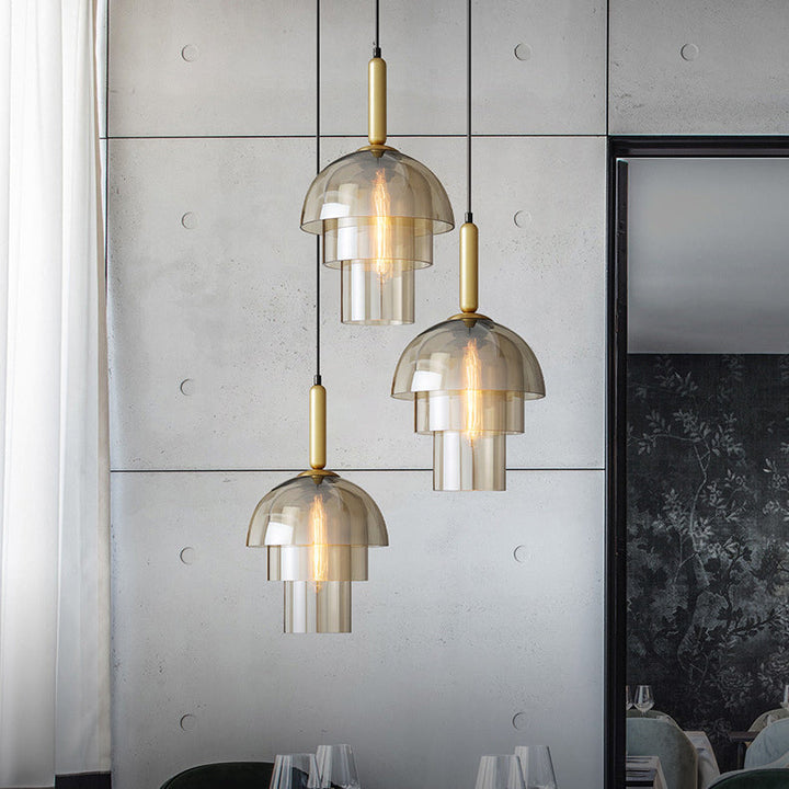 Lámpara colgante contemporánea nórdica de cúpula redonda con cilindro triple de hierro y vidrio de 1 luz para sala de estar 