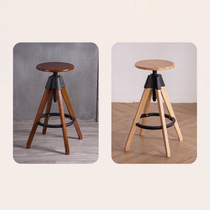 Traditioneller Vintage-Thekenhocker aus Gummibaumholz, rund, mit höhenverstellbarer Nylon-Gewindestange, drehbar, mit Fußstütze, für die Küche 