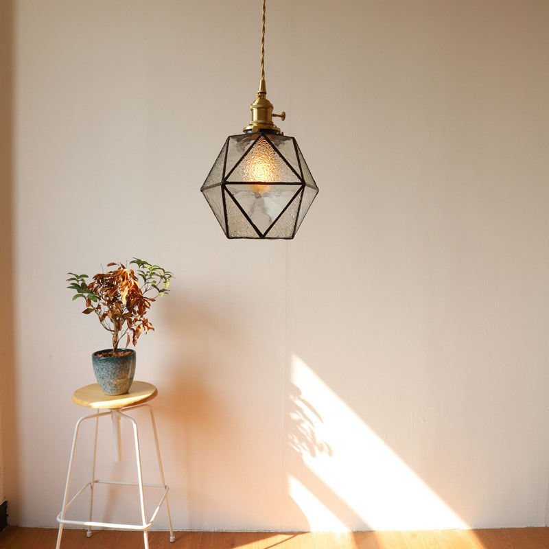 Traditionelle Vintage polygonale Messing Buntglas 1-Licht Pendelleuchte für Wohnzimmer 