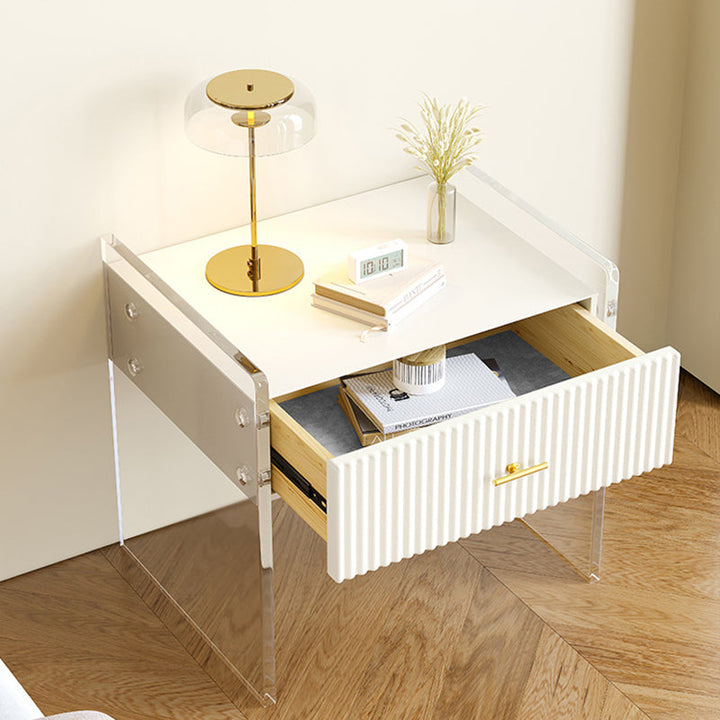 Modern Luxury Rectangular Table Top Acrylic Pine Wood Nightstand 1-Drawer For Bedroom